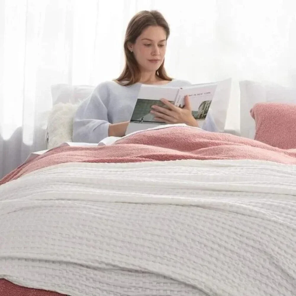 COTTON Waffle Weave Bamboo Blanket Queen Size Cream Soft Lightweight Bed Blanket